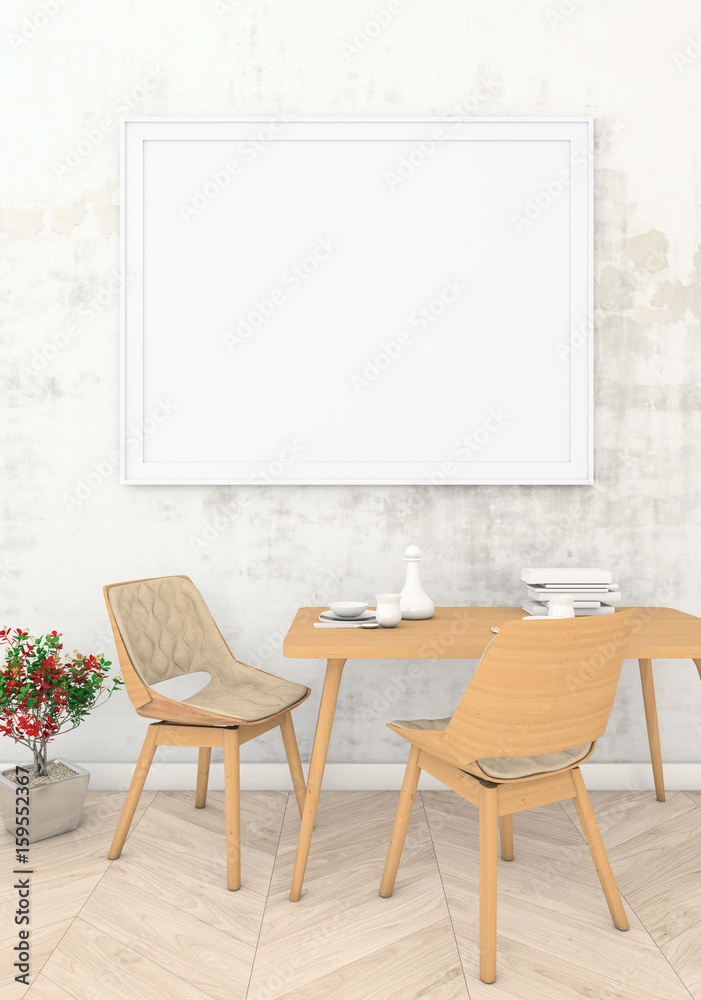 mock up of the poster in a frame on the wall with plaster in a modern interior. 3D visualization mock up of the poster in a frame on the wall with plaster in a modern interior. 3D visualization