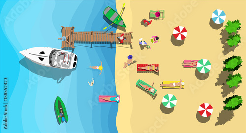 Top view of beach with people and wood pier