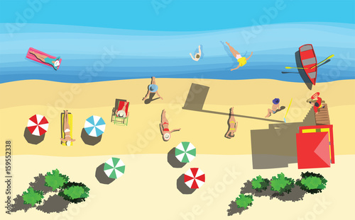 Top view people girls on the beach and lifeguard