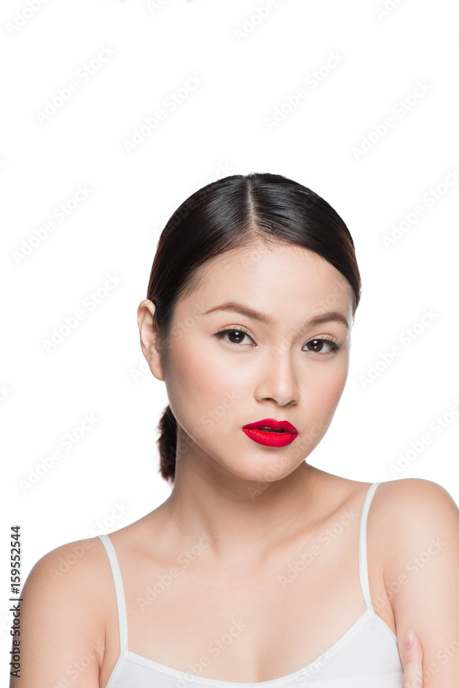 Beautiful asian woman with retro makeup with red lips isolated on white background. Beautiful asian woman with retro makeup with red lips isolated on white background.