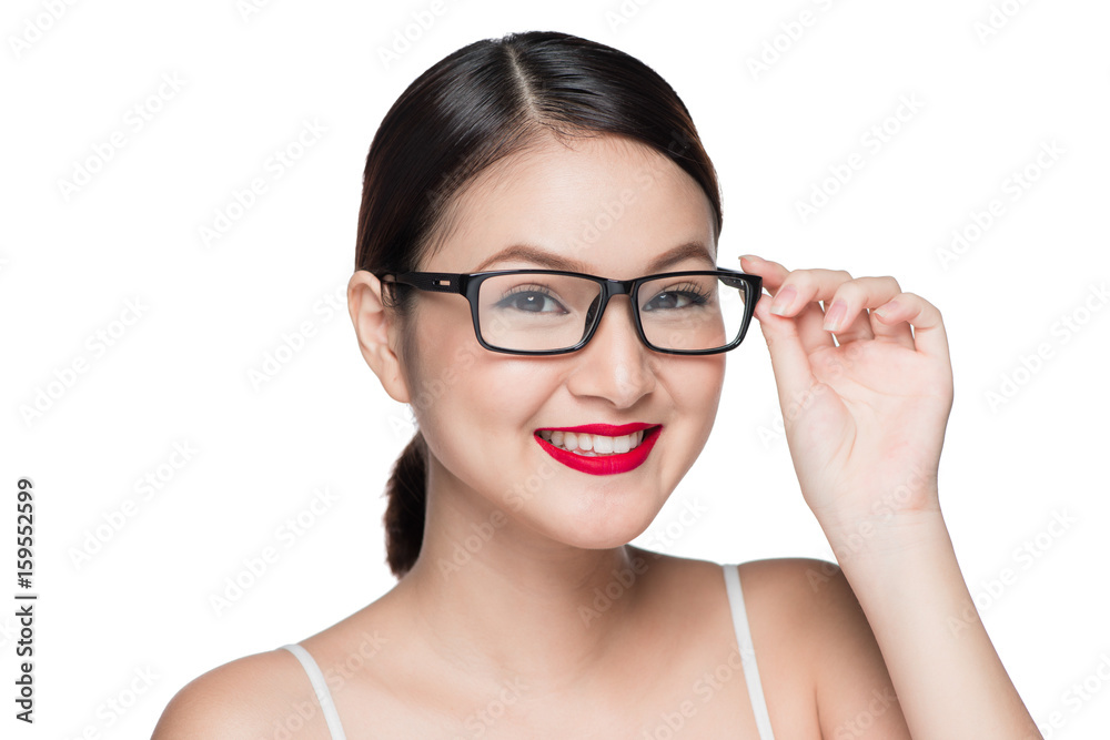 Beauty asian model girl with perfect skin wearing glasses, isolated on white background. Beauty asian model girl with perfect skin wearing glasses, isolated on white background.
