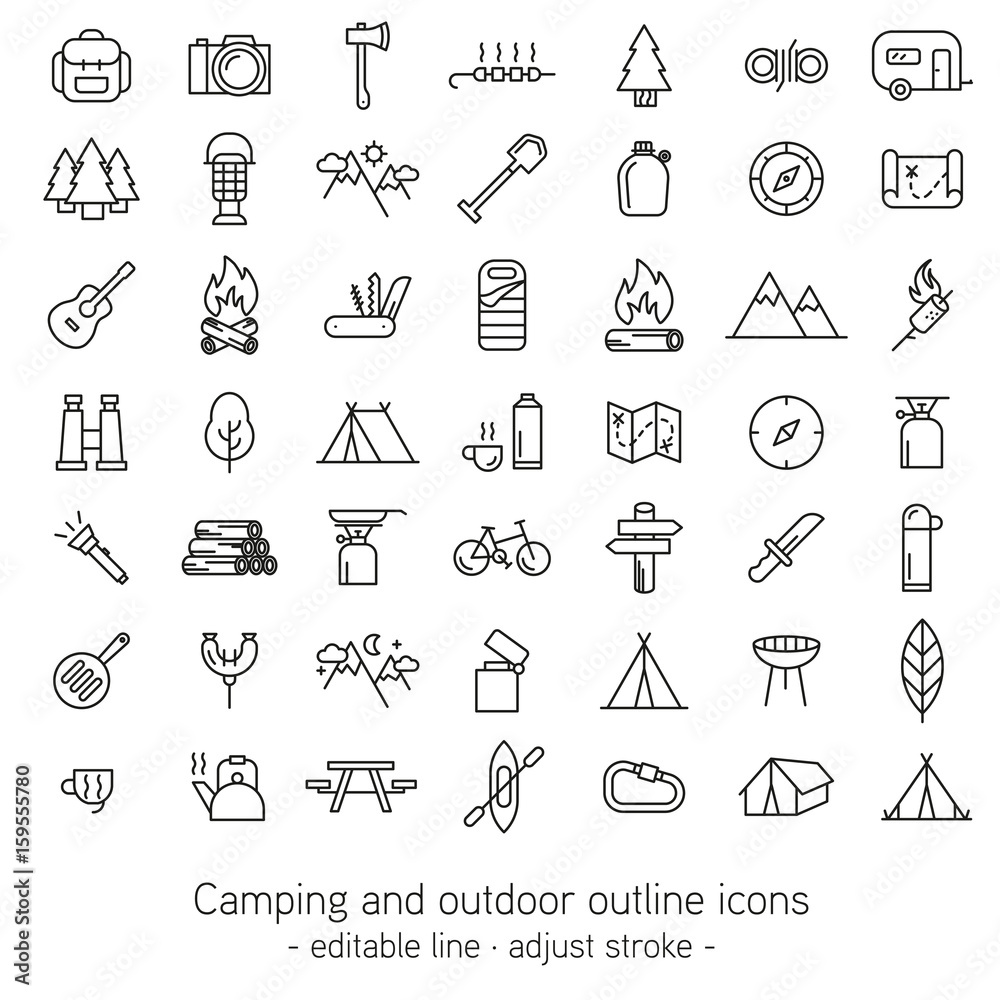 Camping and outdoor outline icons - editable line - adjust stroke - Camping and outdoor outline icons - editable line - adjust stroke -