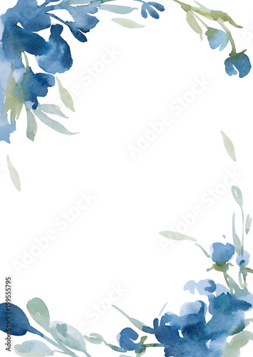 watercolor blue flowers with gray grass on white background for greetings card