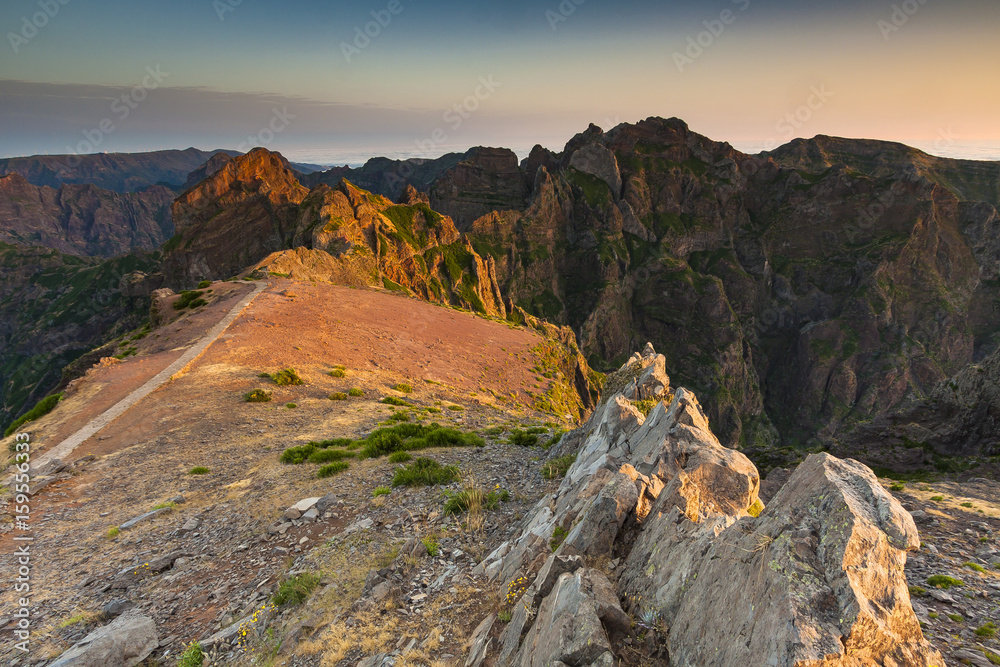 Beautiful Madeira mountains landscape with sunrise or sunset