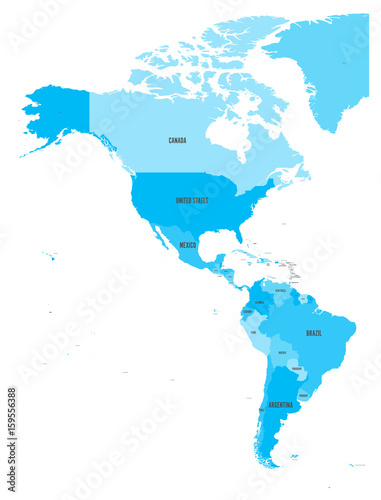 Political map of Americas in four shades of blue on white background. North and South America with country labels. Simple flat vector illustration.