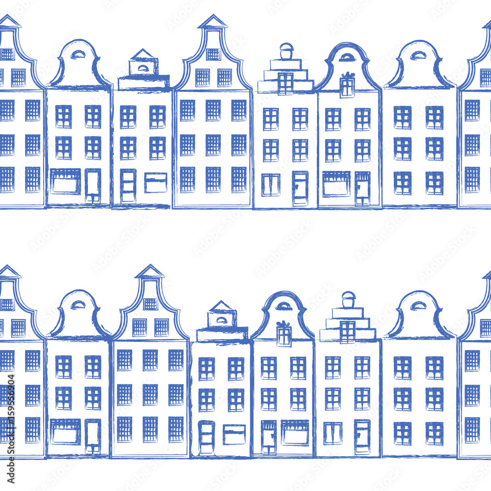 Vector seamless pattern with old european hand drawn houses, Building sketchy line art isolated on white background, designed texture, decorative wallpaper, vector scandinavian ornament for gift box
