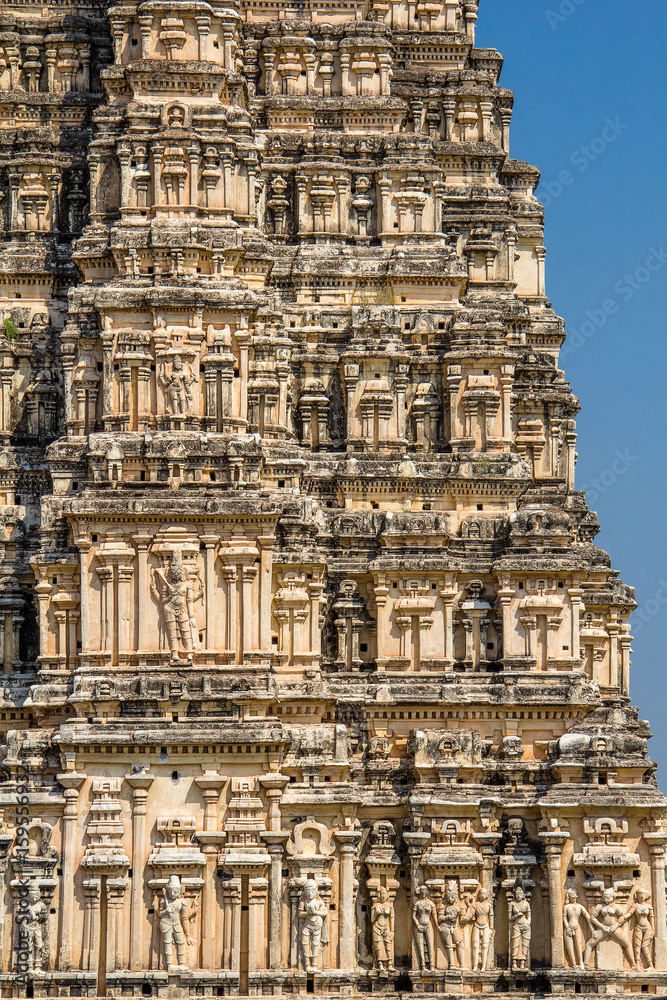 A part of Virupaksha Temple Gopura (Tower) as seen from Hemakuta hill. This magnificent temple was built by the most famous ruler of the Vijayanagar Empire, Sri Krishnadevaraya in the 16th Century. 