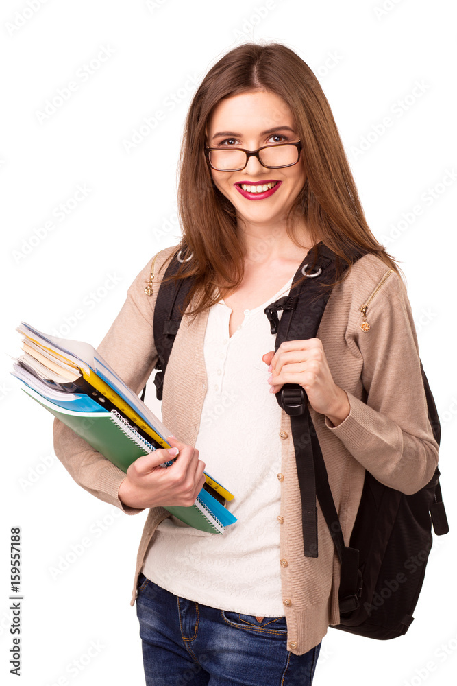 Beautiful girl with backpack and notebooks Beautiful girl with backpack and notebooks