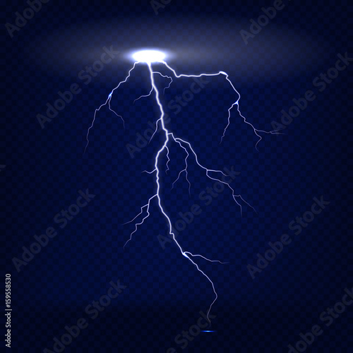 Vector realistic isolated lightning on dark blue transparent background.