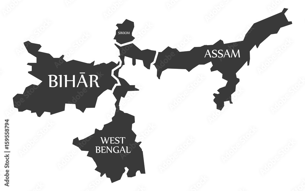 West Bengal Sikkim Map Bihar - West Bengal - Sikkim - Assam Map Illustration Of Indian States  Stock Vector | Adobe Stock