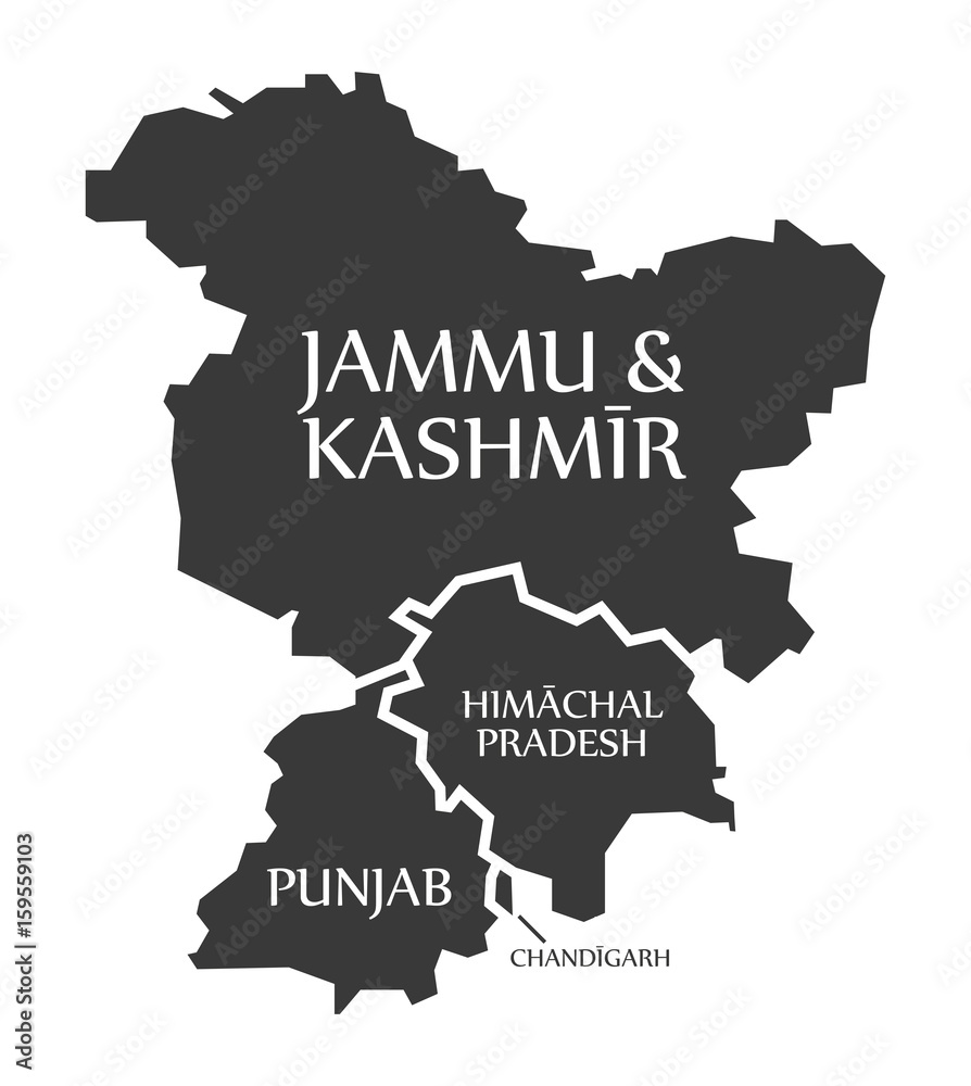 Jammu and Kashmir - Himachal Pradesh - Punjab - Chandigarh Map Illustration of Indian states