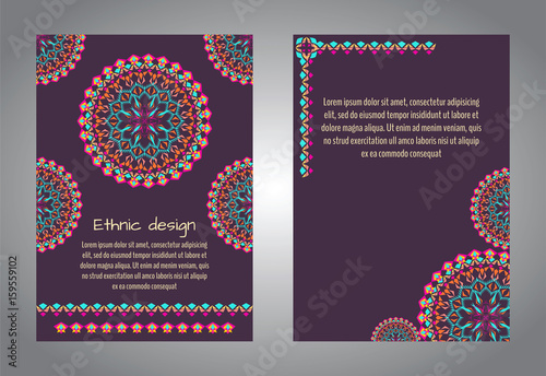 Vector set of flyer templates for business and invitation with mandala patterns. Striped geometric ornaments