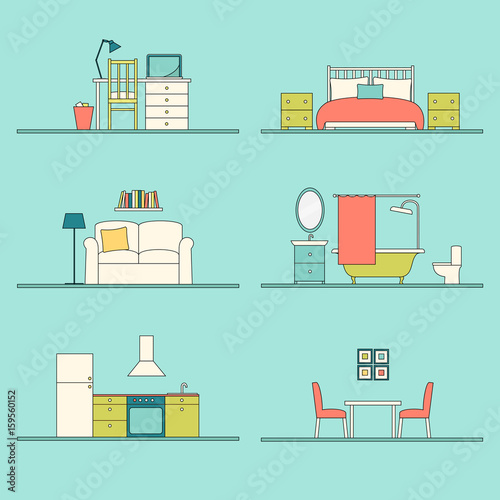 Vector furniture of workplace, bedroom, living room, bathroom, kitchen and dining room