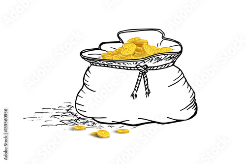 Hand drawn treasure bag with golden coins. Vector illustration.