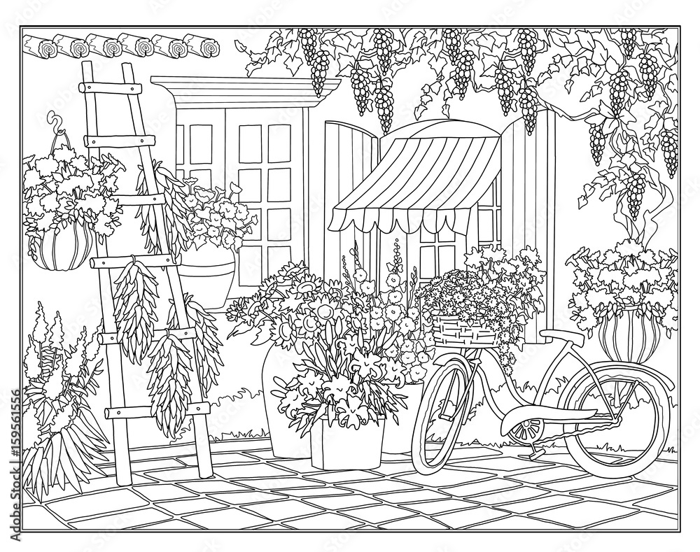 Coloring page  The bicycle with sunflowers at the garden