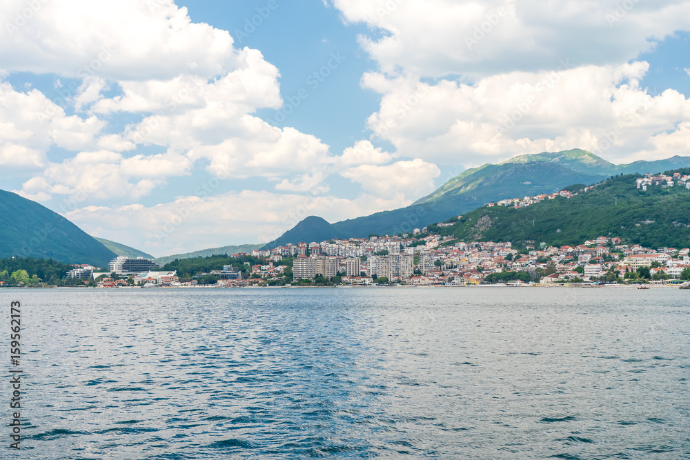 A sea yacht arrives to the city of Herceg Novi in Montenegro along the Adriatic Sea.