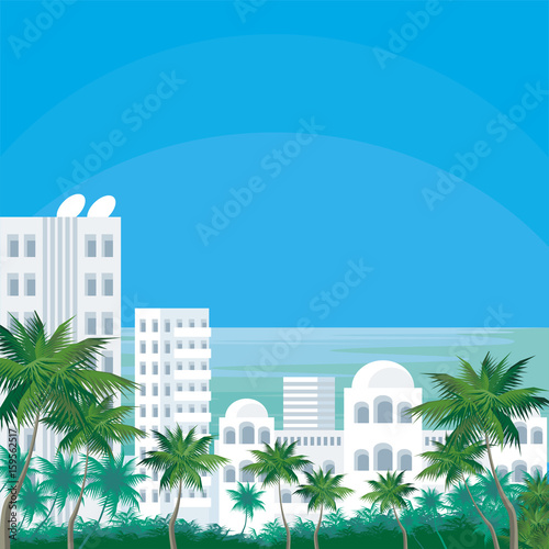 Abstract image of the southern seaside city. A city landscape with buildings, palm trees and a view of the sea. Vector background.