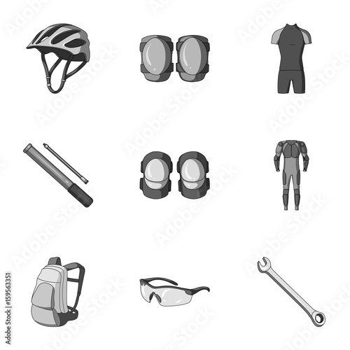 Icons of Cycling, bike. Set for bike, backpack protection, repair, form. Cyclist outfit icon in set collection on monochrome style vector symbol stock illustration.
