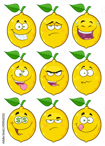 Yellow Lemon Fruit Cartoon Emoji Face Character Set 2. Collection Isolated On White Background 