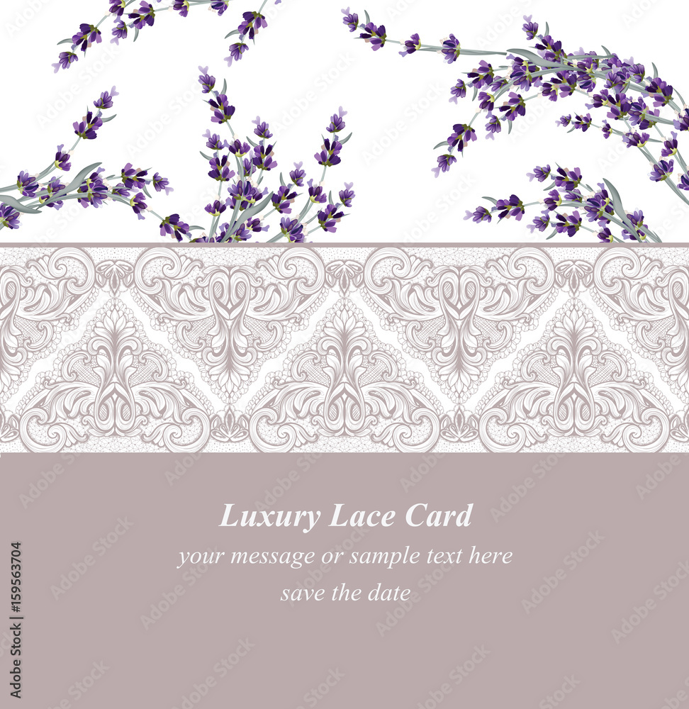 Lavender delicate lace card. Springtime Summer fresh natural wedding card. Vector illustration