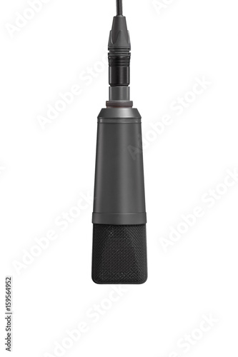 Professional microphone hanging on cable on white background, mic
