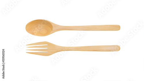 Wooden spoon and fork on a white background.