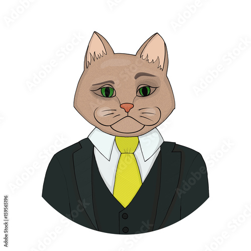 Catman boss. A hybrid of man and cat. Fashion portrait of a businesslike person.