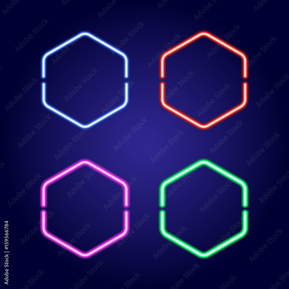 Hexagonal neon glowing frames in different colors of vector illustration