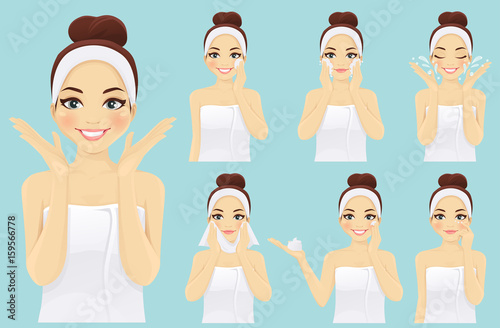 Woman with smiling face care set illustrations