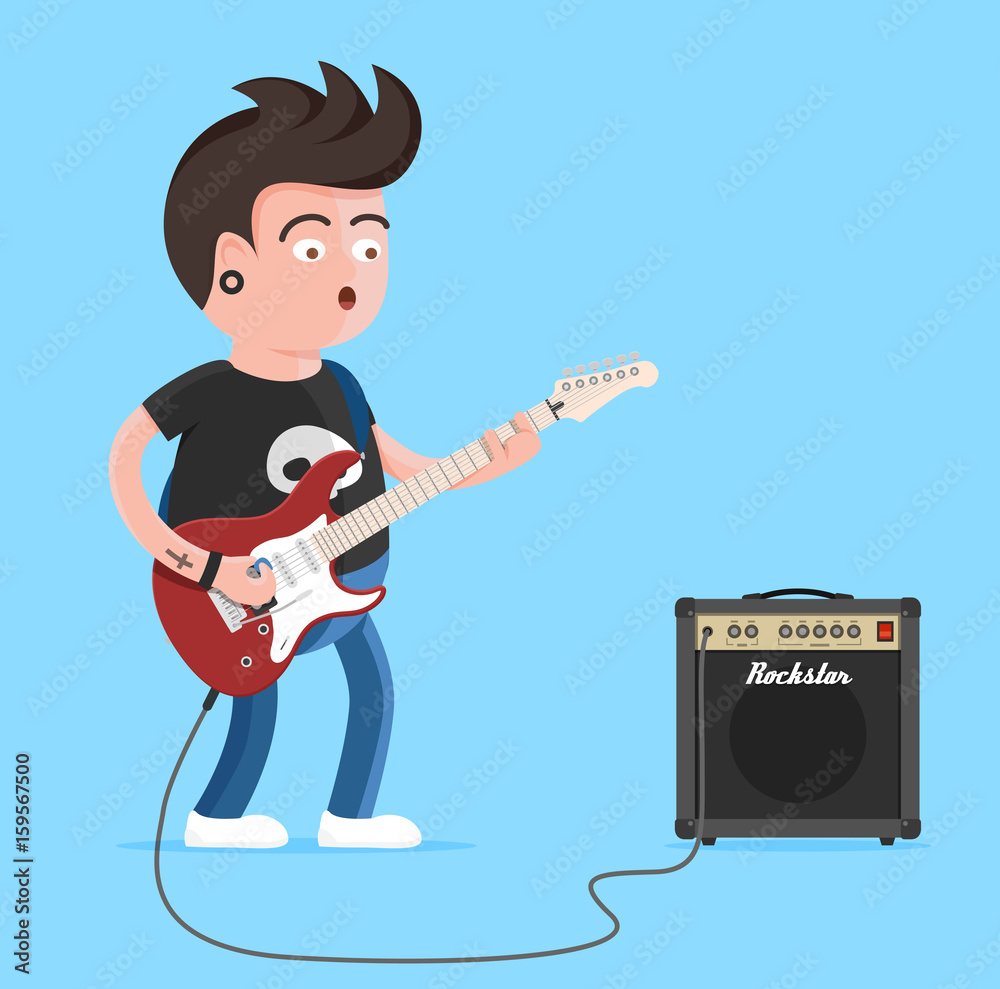 Fototapeta premium Young man character singing and playing the electric guitar. Punk rock star with guitar and amplifier.