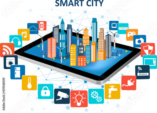 Smart city on a digital touch screen tablet with different icon and elements and environmental care.Modern city design with  future technology for living. Smart City and wireless communication network