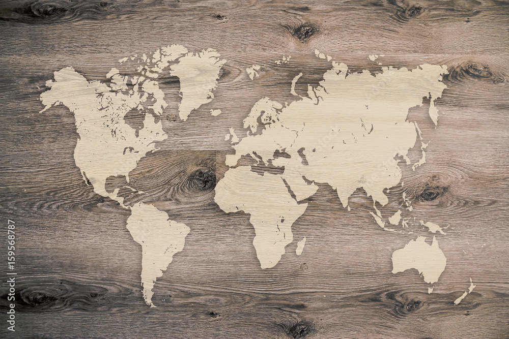Fototapeta mapa świata na drewnianej desce