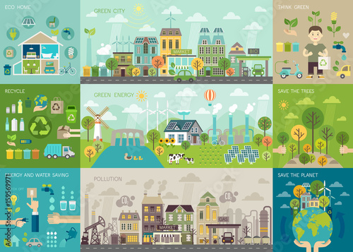 Green city Infographic set with charts and other elements.