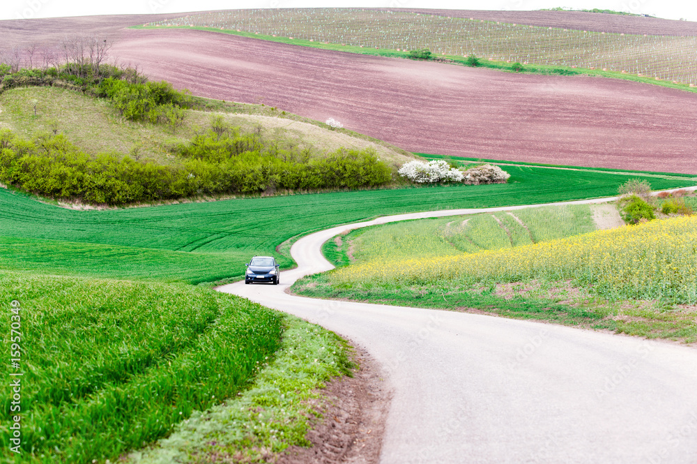 Spectacular landscape with wavy moravian hills and car on asphalt road