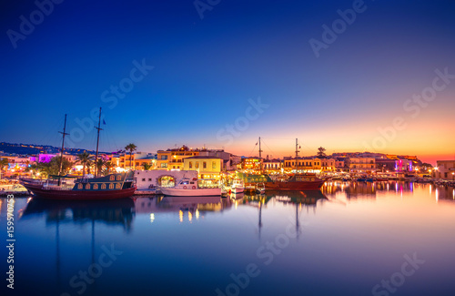 Rethymno city at Crete island in Greece. The old venetian harbor at night. 