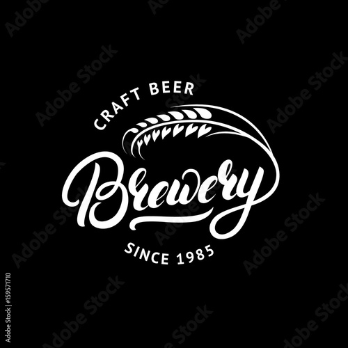 Brewery hand drawn lettering logo, label, badge, emblem with ear of wheat.