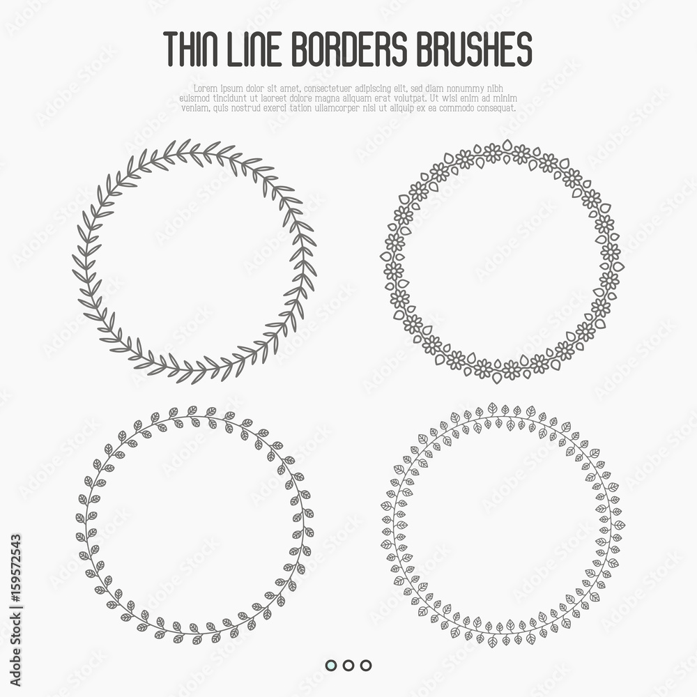 Set of four thin line borders brushes with leaves and bubbles for invitation, greeting card or logo. Vector illustration. Set of four thin line borders brushes with leaves and bubbles for invitation, greeting card or logo. Vector illustration.