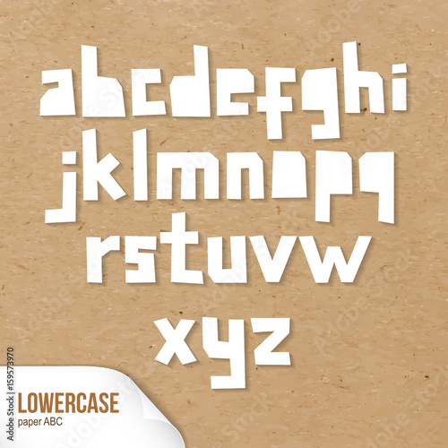 Rough lowercase characters cut out of paper. White capital letters. Vector paper ABC on cardboard background