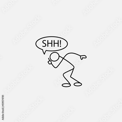Cartoon icon of sketch little stick man making shh sign photo