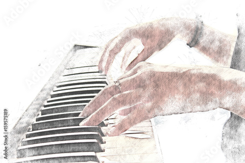 Beautiful woman playing piano keyboard on watercolor painting background. 