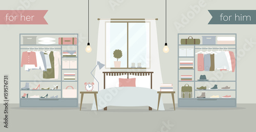 Vector interior of the bedroom with wardrobes