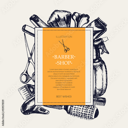 Barber Equipment - vector hand drawn square postcard template