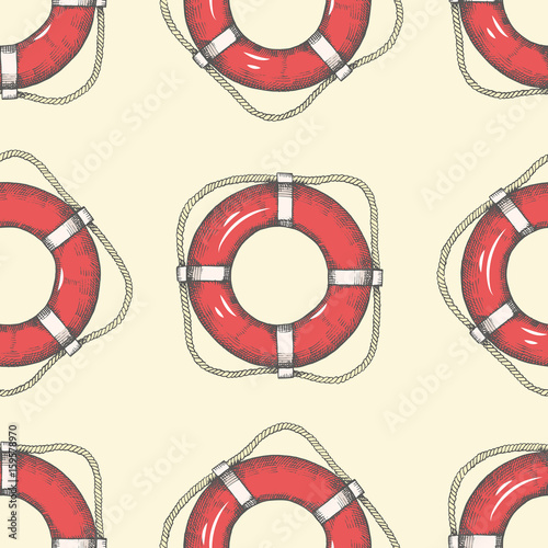 Seamless pattern with hand drawn lifebuoys. Summer design for wallpaper, web page background, surface textures.