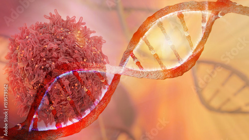 DNA strand and Cancer Cell Oncology Research Concept 3D rendering photo