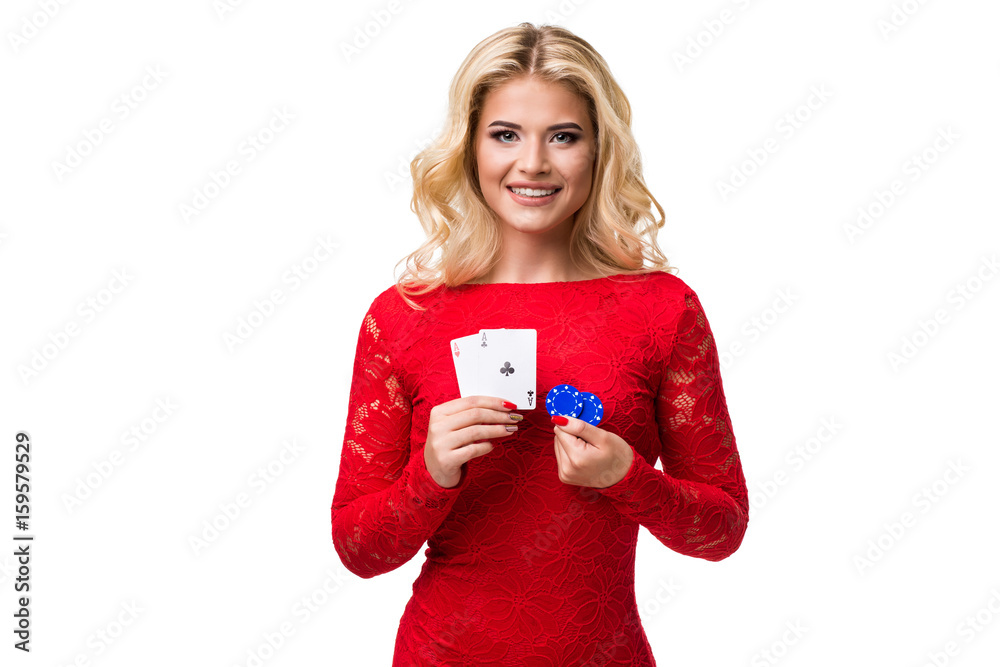 Caucasian young woman with long light blonde hair in evening outfit holding playing cards and chips. Isolated. Poker Caucasian young woman with long light blonde hair in evening outfit holding playing cards and chips. Isolated. Poker