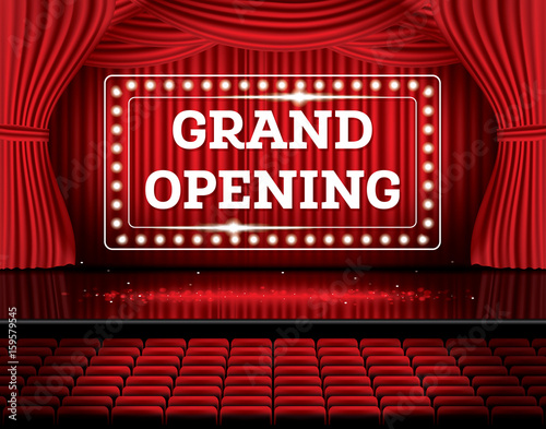 Grand Opening. Open Red Curtains with Neon Lights.