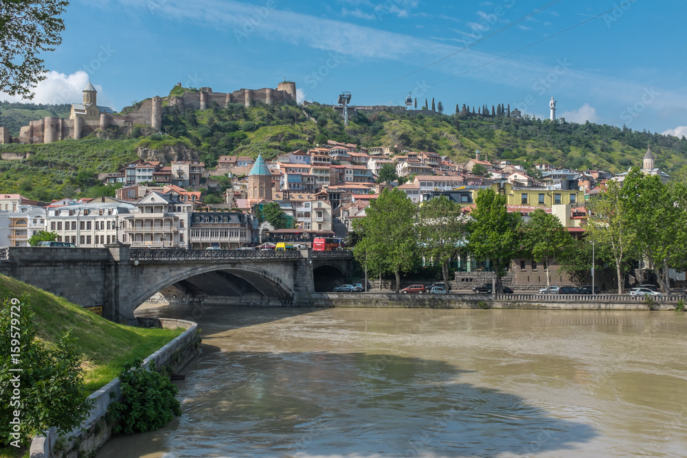Tbilisi, Georgia - Mtkvari River towards Old Tbilisi and Narikala Fortress, Eastern Europe