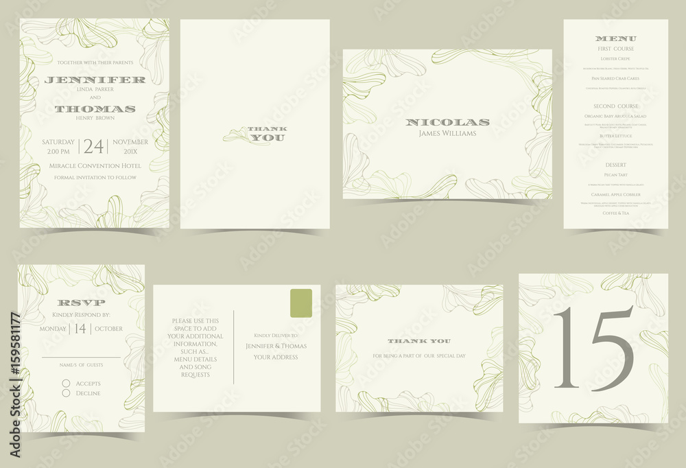 Fototapeta premium Set of Wedding invitation card.Green and Gray floral minimalist modern concept.Vector/Illustration