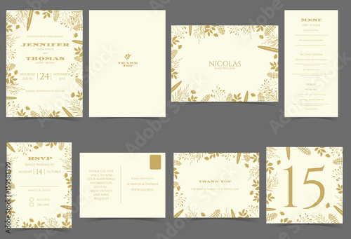 Set of Wedding Invitation Card. Gold Flowers Luxury on White Background Concept.Vector/Illustration