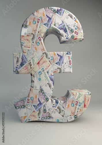 Model of pound sign wallpapered with British bank notes photo